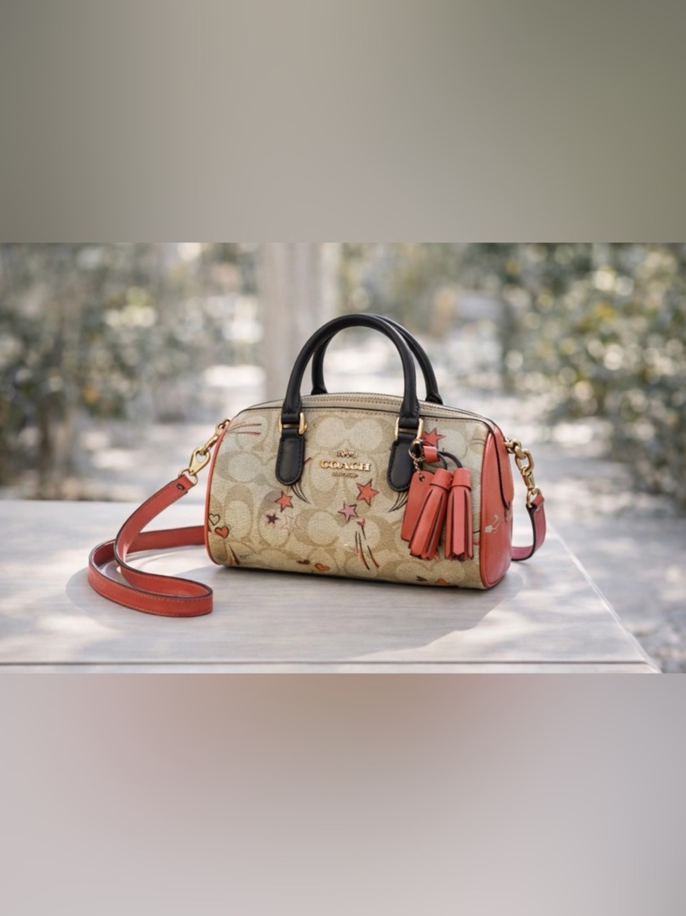 Coach Beige Signature Satchel with Coral Trim and Black Handles